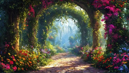 Obraz premium A beautiful secret fairytale garden with flower arches and colorful greenery. Digital painting background