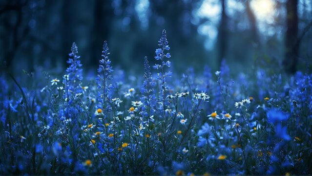 Wildflowers in spring forest at night, blue Herb Trinity in bloom, moody and atmospheric