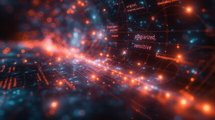 An AI-powered system sorting various types of digital content--text, images, videos, etc.--into categories such as "original," "plagiarized," or "sensitive." The process is visualized with data stream