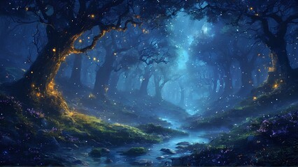 Obraz premium Fantasy landscape, magical night, fairy tale forest. Digital art, ai artwork, background or wallpaper