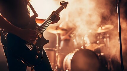 A guitarist plays on stage in front of a drummer, with smoke and lights illuminating the scene.