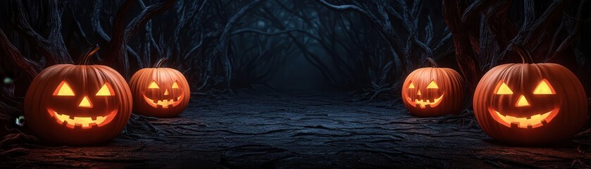 Haunted forest with trees made of swirling neon vines, glowing pumpkins lining the path, eerie yet full of vibrant imagination