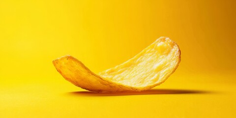 Baked potato chips on yellow background. Healthy snack visual, ideal for food product marketing, fast snacks, and diet-friendly choices.