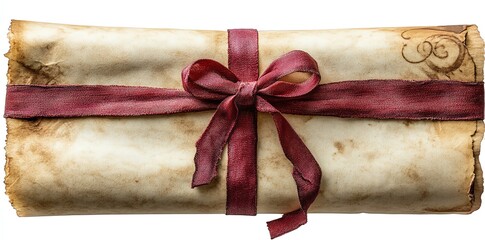 Old vintage parchment scroll tied with a red ribbon.