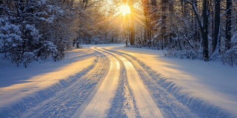 Obraz premium Golden sunlight breaks through trees, casting warm light on the snowy trail during a peaceful winter evening