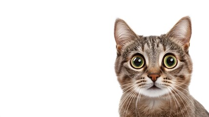 A tabby cat with big green eyes stares intently at the camera.