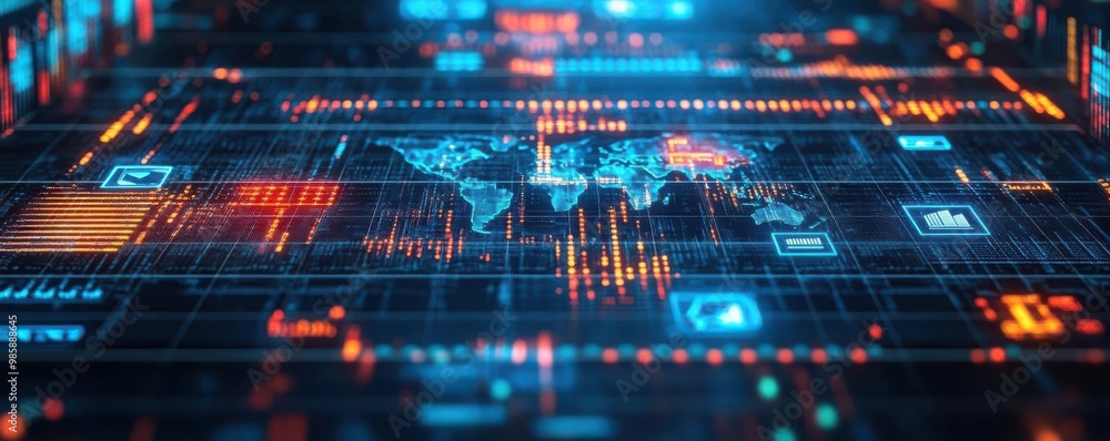 Poster a futuristic digital world map with glowing data visualizations, representing technology and global 