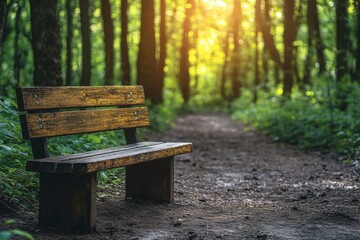 tranquil forest clearing with a rustic wooden bench, an ideal setting for contemplation and mindfulness mindfulness concept banner