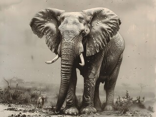 Fototapeta premium Elephant drawing with textured skin large ears and a raised trunk standing majestically in a savanna setting