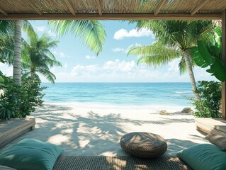 Obraz premium Discover a peaceful meditation spot on a sandy Pacific island beach, embraced by swaying palms and the gentle whispers of the ocean, perfect for relaxation and reflection.