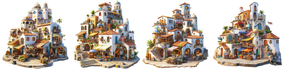 Fototapeta premium set of Coastal towns with local markets, traditional architecture and local markets Coastal towns with local markets, traditional architecture and markets, on a transparent backgrounds