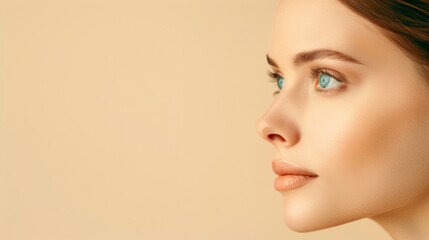 Obraz premium Side profile of a young woman with clear skin and blue eyes on a neutral background, showcasing natural beauty and elegance.