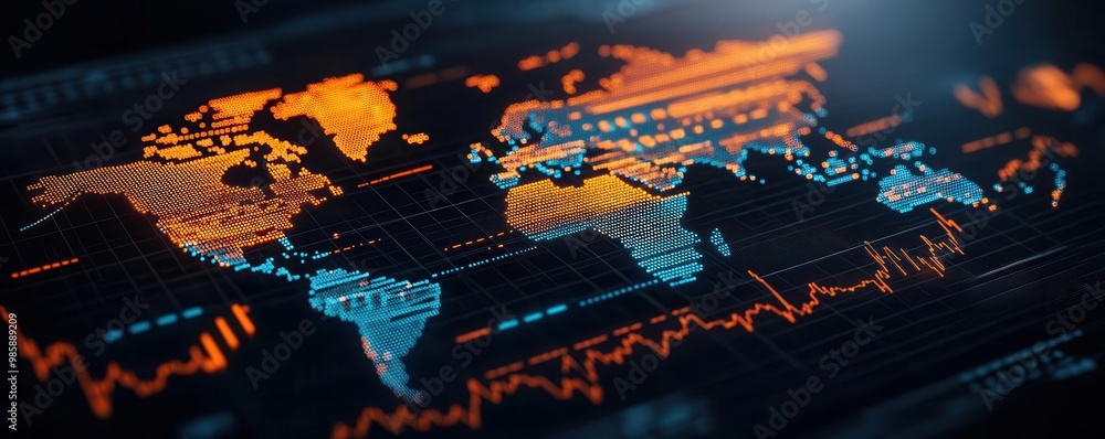 Poster a modern digital world map with vibrant colors and data visualizations, ideal for technology and glo