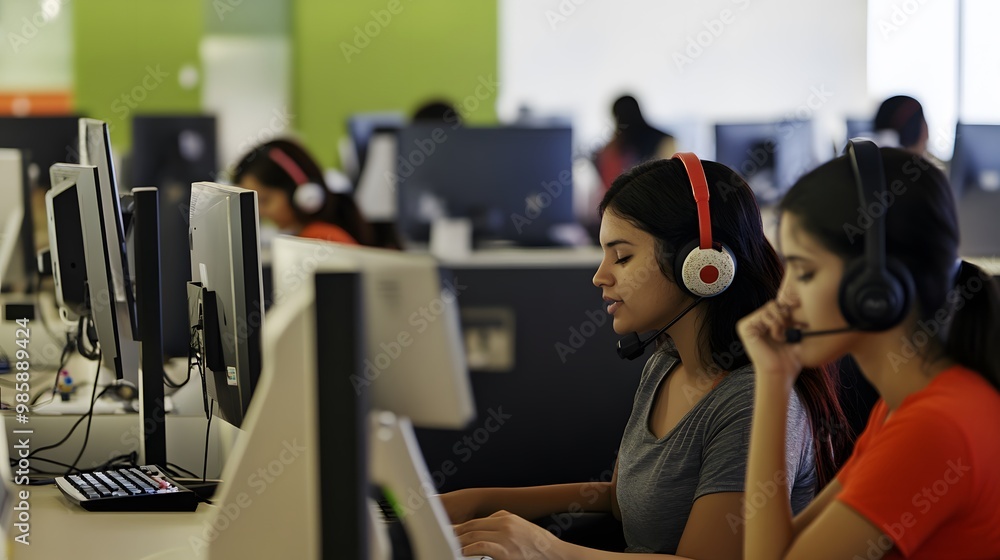 Poster Two young women wearing headsets work at their computers.