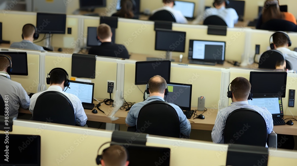 Poster a row of people working at computers in a call center setting.