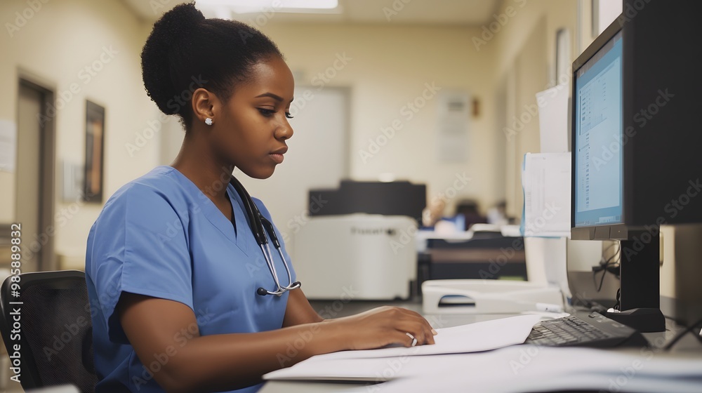 Poster A female doctor working at a computer.