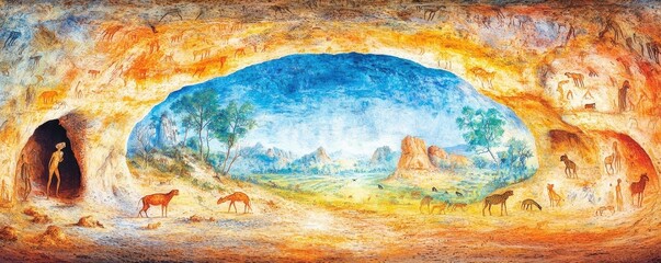 Naklejka premium Ancient Cave Paintings of Lascaux The prehistoric cave paintings of Lascaux, showcasing ancient art of animals and human figures, preserved in a dimly lit cave