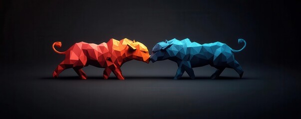 A striking geometric representation of red and blue bulls facing off, symbolizing competition and power in a modern artistic style.