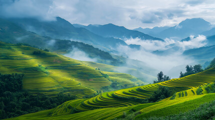 Emerald Terraces: Dawn breaks over cascading rice paddies, painting the terraced slopes in vibrant green as mist clings to the distant mountains. 