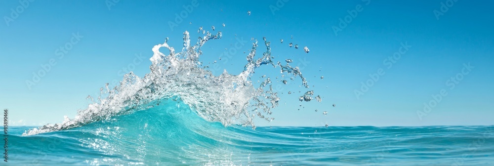 Poster a powerful ocean wave crashes and splashes on clear blue water, creating a beautiful and dynamic sce