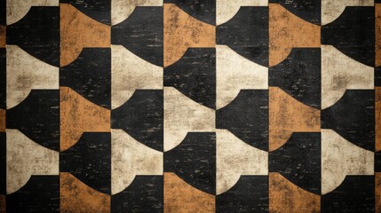 A geometric pattern of alternating shapes in black, white, and brown, creating a visually appealing mosaic design.