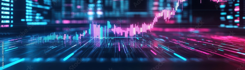 Poster abstract digital art representing dynamic data trends with glowing lines and vibrant colors in a fut