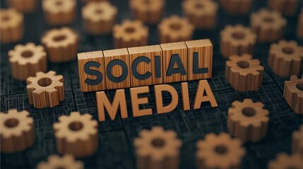 Wooden SOCIAL MEDIA blocks surrounded by wooden gears symbolizing digital engagement and networking.