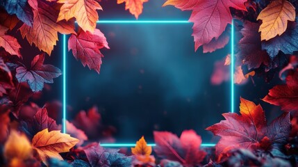 artistic autumn banner with vibrant fall leaves in a blue and green neon frame