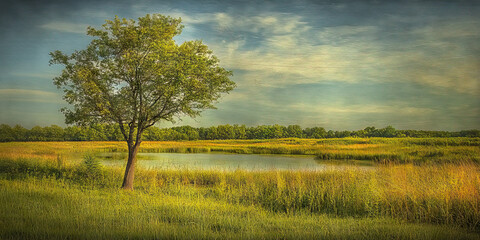 Obraz premium An open field, with only a single tree and a small pond to capture the eye.