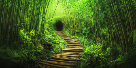 Fototapeta premium A winding path through a bamboo forest, leading to a hidden grotto.