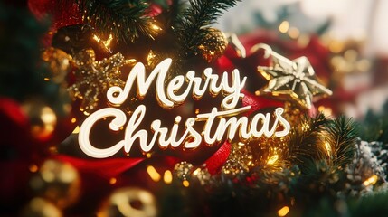 Merry Christmas in elegant white script, surrounded by red velvet ribbons and gold garlands.