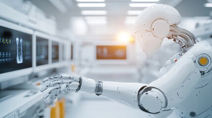 A robotic arm operates within a sterile biotechnology lab, showcasing advanced automation in scientific research.