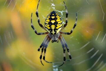 A vibrant yellow and black spider skillfully constructs its web among colorful flowers in a sunlit garden setting