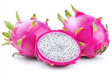 buitfull pink dragon fruit with green isolated on a white background