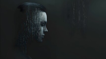 człowiek, kod, cyfry, cyfrowy, technologia, binarny, ciało, transformacja, minimalizm, portret, kodowanie, ciemne tło, futurystyczne, połączenie, ludzki, innowacje, technologie, nowoczesność, cyfrowe,