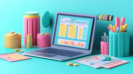 Obraz premium Colorful workspace with a laptop, stationery, and creative supplies, perfect for productivity and inspiration.