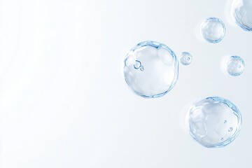 Close-up of three blue water molecule cells floating in the air, abstract background