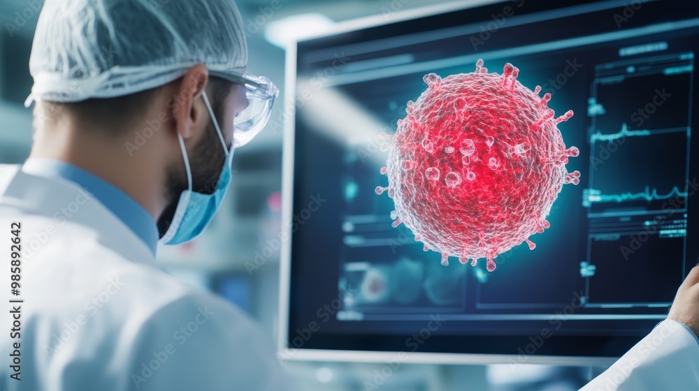 Poster a scientist in a biotech lab analyzes virus data on a computer screen, showcasing the power of ai in