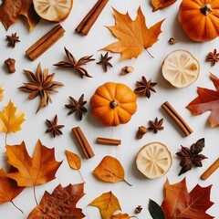 Autumn Harvest Delight: Thanksgiving Flat Lay with Leaves, Pumpkins, and Cinnamon Sticks for Seasonal Branding