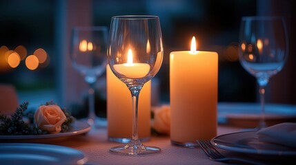 enchanting candlelit dinner elegant table setting with crystal glasses catching soft flame light rich dark background creating intimate ambiance shallow depth of field for dreamy effect