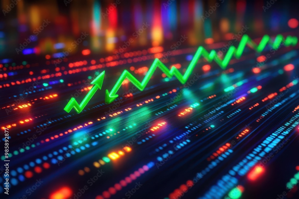 Poster dynamic stock market graph with vibrant neon lights, showcasing an upward trend in financial data an