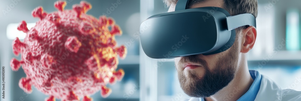 Poster a scientist wearing vr goggles interacts with a 3d model of a virus, exploring its structure and beh