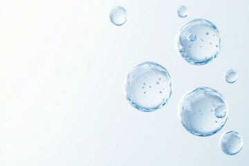 Close-up of three blue water molecule cells floating in the air, abstract background