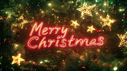 Merry Christmas written in bright neon red, glowing amidst green garlands and shimmering gold stars.