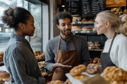 Three bakers having a discussion inside a bakery, surrounded by fresh pastries, concept of teamwork and communication, Small Business Saturday