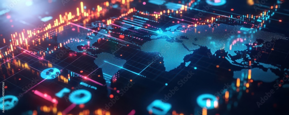 Poster futuristic digital map showcasing global connectivity with vibrant data visualizations and network n