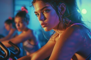 Young women riding spinning bikes in modern fitness club
