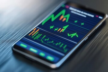 Mobile phone displaying financial charts and data with vibrant colors. Perfect for investment and trading visuals.