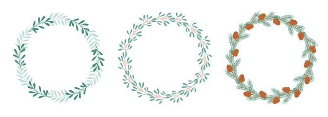 Christmas wreaths set. Simple decorative elements for postcards, invitations, posters, scrapbooking. Flat vector illustration isolated on white background