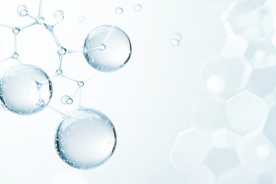 Close-up of three blue water molecule cells floating in the air, abstract background